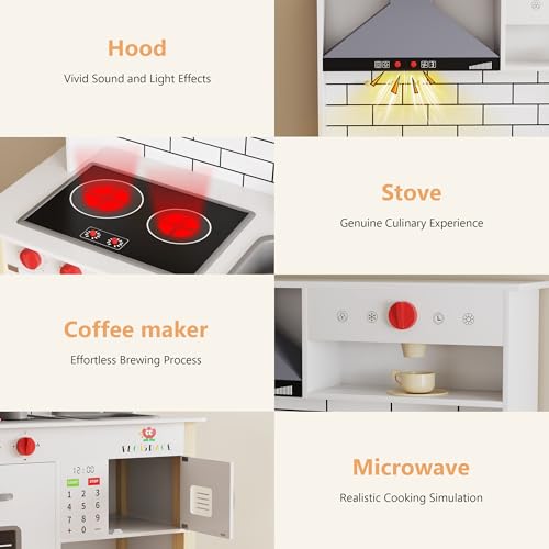 Wooden Play Kitchen with Microwave, Range Hood, Stove, Sink, and Accessories S6658