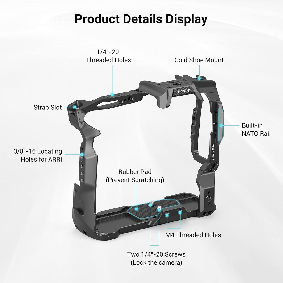 Battery Grip Cage Only for BMPCC 6K Pro with NATO Rail and Cold Shoe Mount U3890
