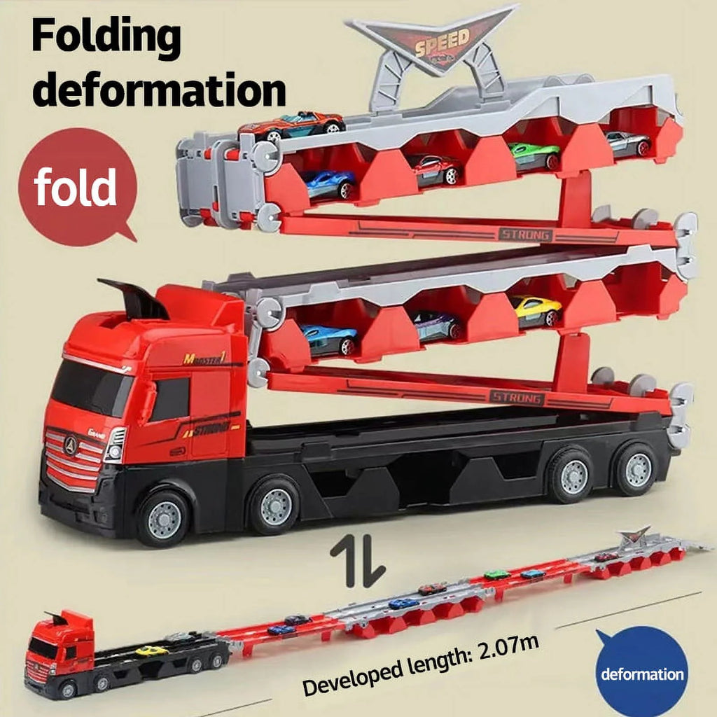 Mega Hauler Truck with Ejection Race Track, Folding Storage Transporter Toy with 8 Cars F5637