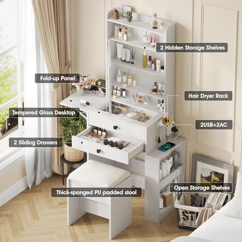 White Makeup Vanity Desk with Lighted Mirror and Chair O7640