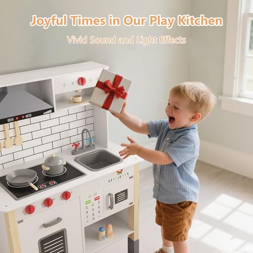 Wooden Play Kitchen with Microwave, Range Hood, Stove, Sink, and Accessories S6658
