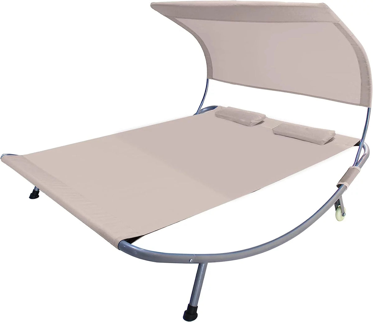 Double Chaise Lounge Bed with Canopy, Headrest Pillow and Wheels U3128