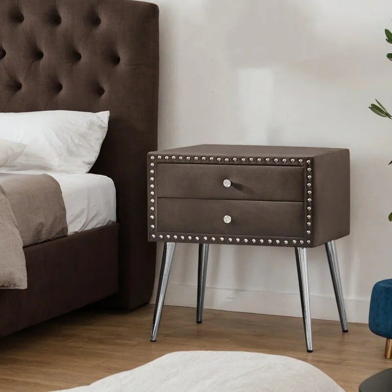 Brown Velvet 2 Drawer Solid Wood Bedside Table M2511