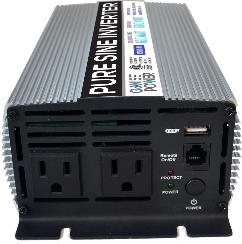 600W Pure Sine Wave Inverter 12V DC to 115V AC with 2 AC Outlets and USB Port J5643