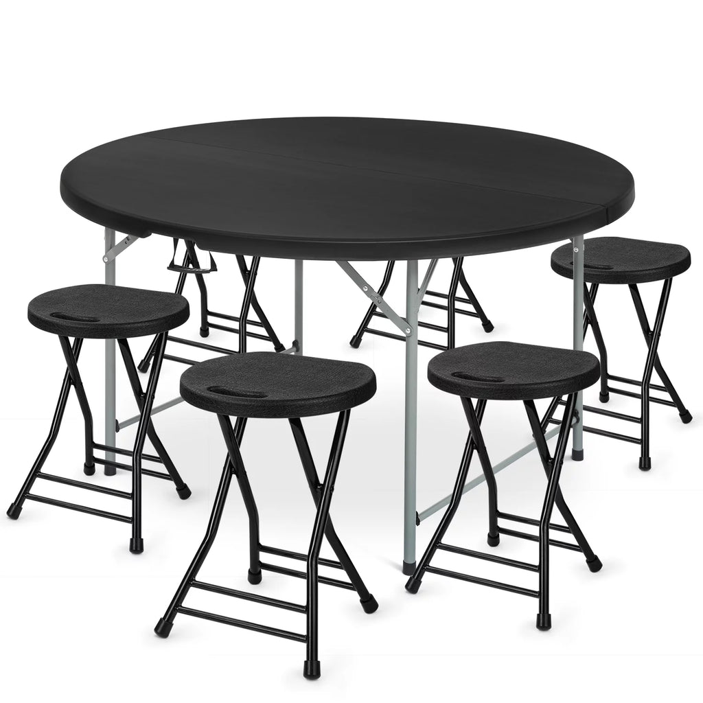 7 Pieces 5 FT Folding Round Table and Chair Set Black C775