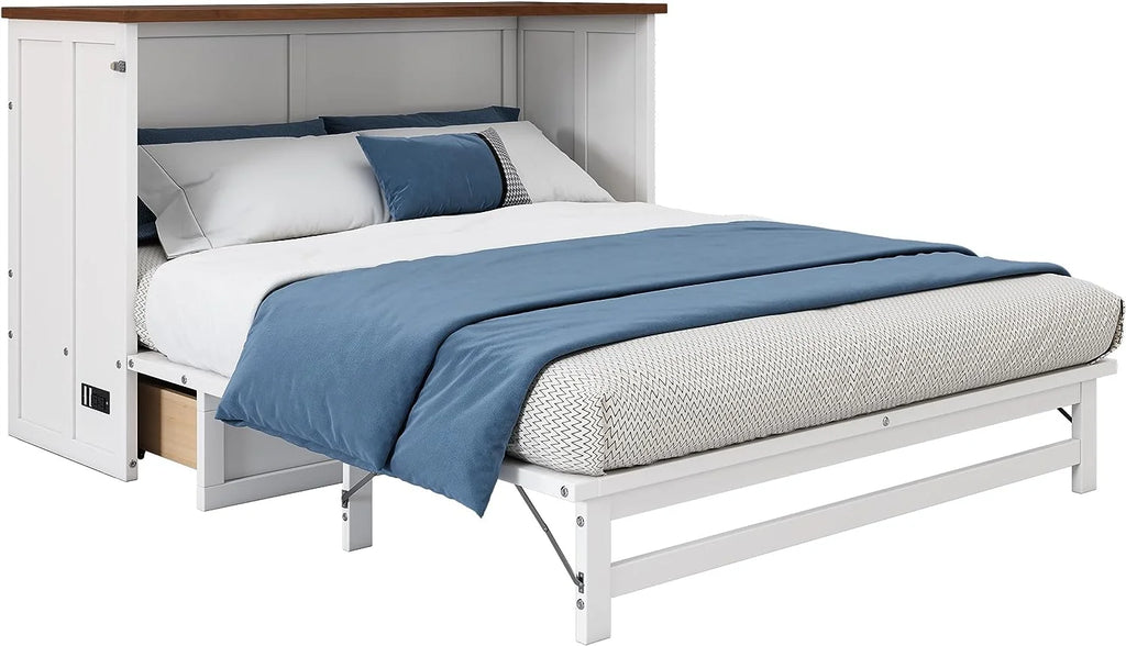 Queen Size Foldable Wood Murphy Bed Chest with Charging Station and Storage Drawer N52101