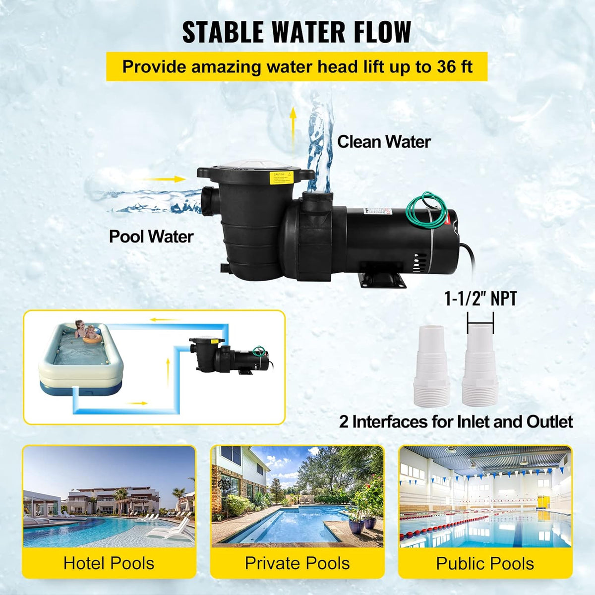 1HP 110V 5220GPH Self-priming Swimming Pool Pump with Strainer Basket and 2pcs 1-1/2'' NPT Connectors D844