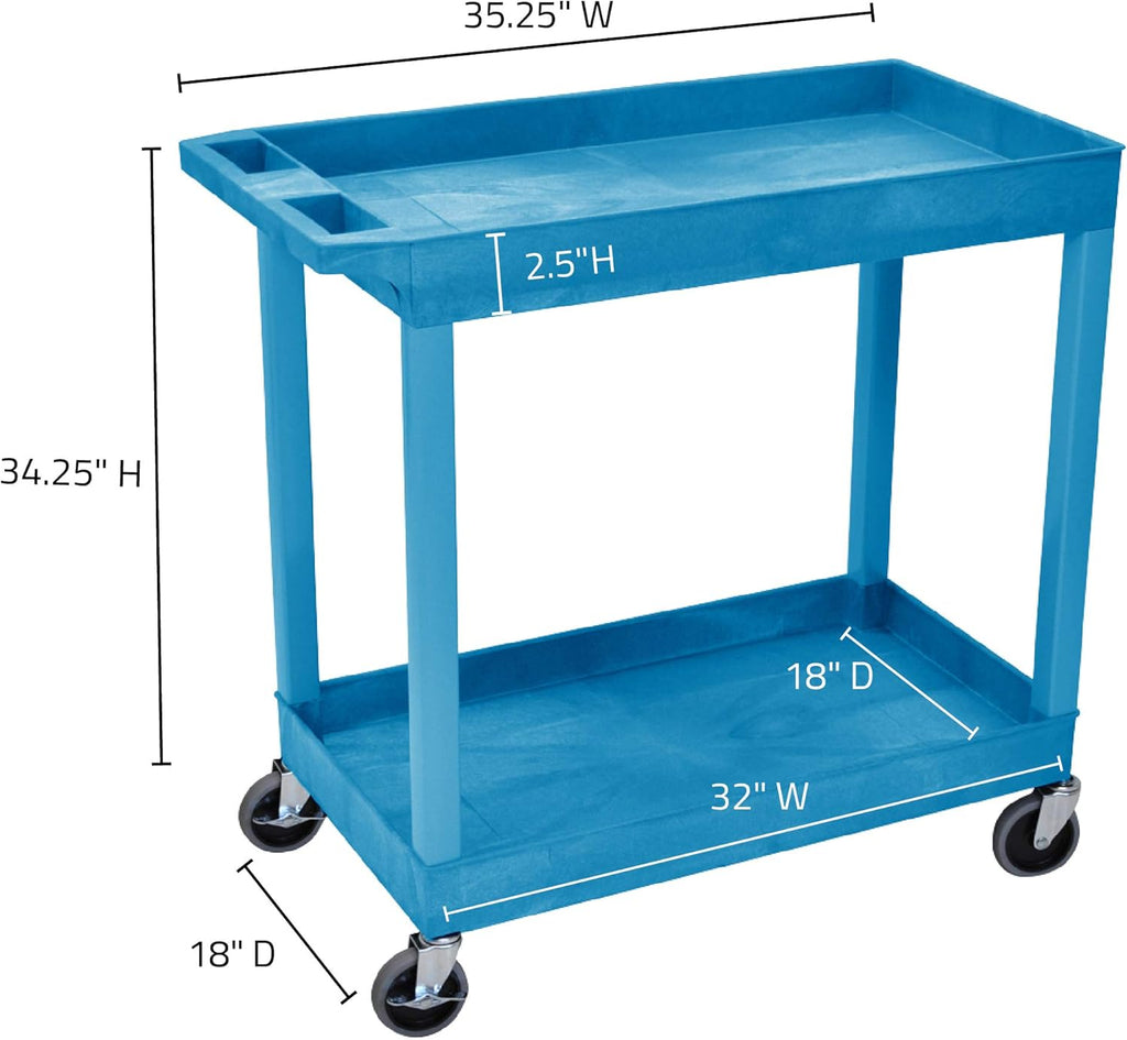 Blue Mobile Utility Tub Cart with 2 Shelves and Push Handle A250